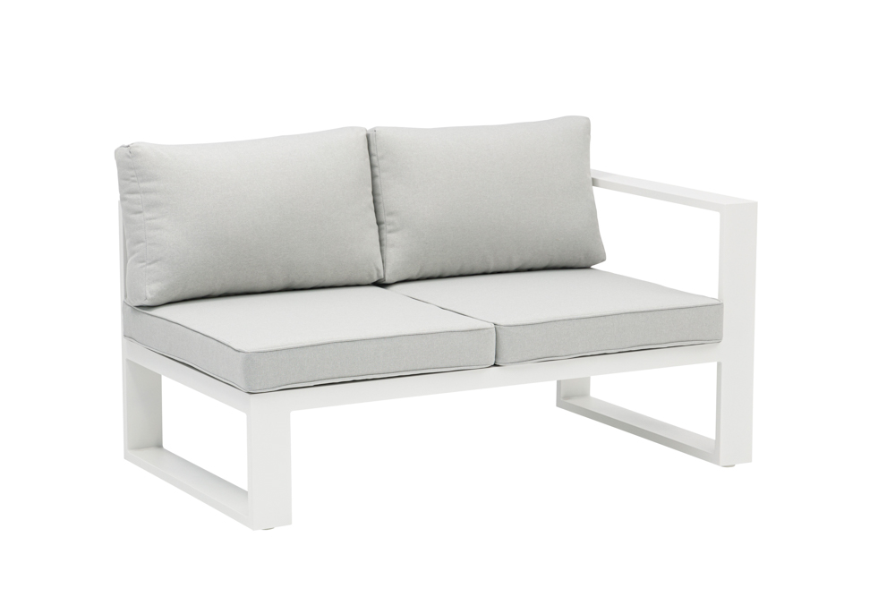 Niland two-seater module with white aluminium right arm and light grey cushions.