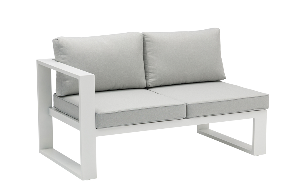 Niland 2-seater module with left arm, white aluminum and light grey cushioning.