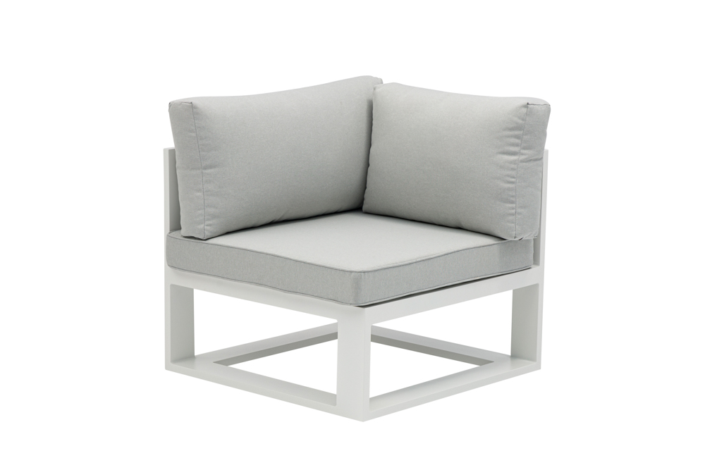 Niland corner module in white aluminium and light grey cushions.