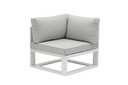 Niland corner module in white aluminium and light grey cushions.