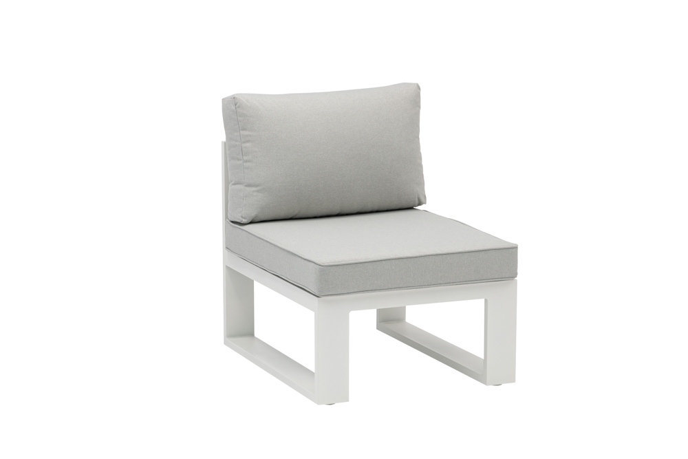 Niland extension module in white aluminium and light grey cushions.