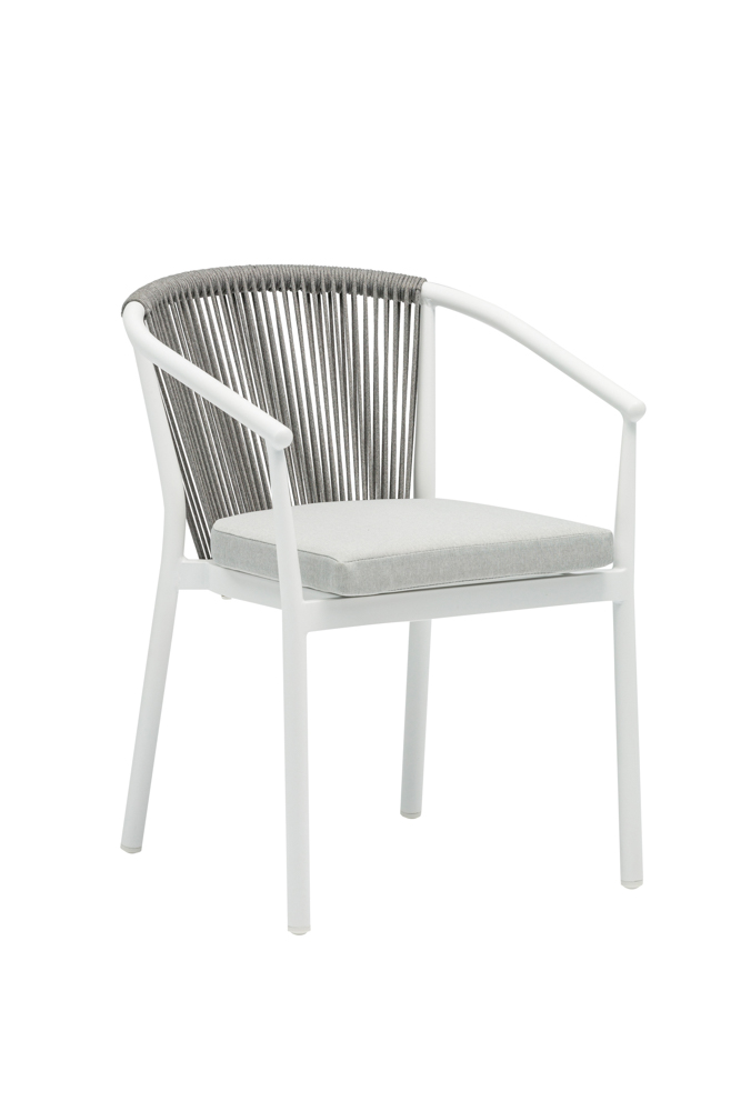 Chaise de salle à manger Moana en aluminium blanc avec coussin gris clair