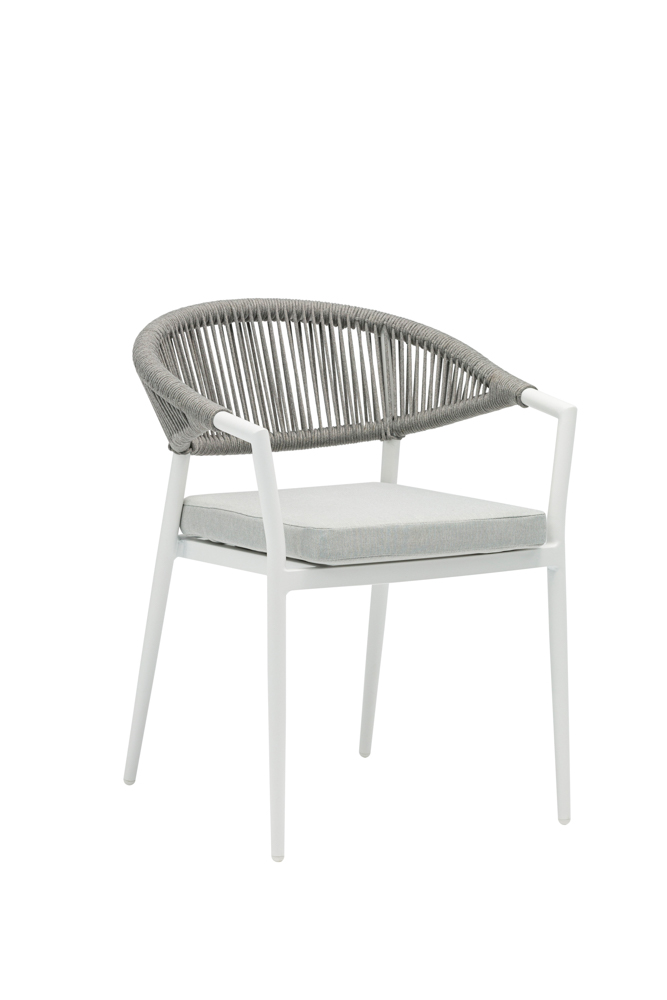 Chaise de salle à manger Ross en aluminium blanc avec coussin gris clair