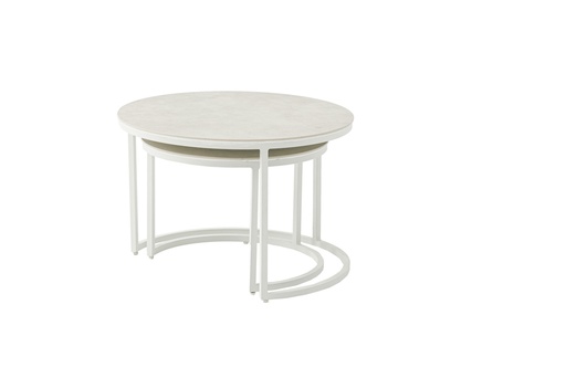 [100303013] Ensemble de tables d'appoint Albury en aluminium blanc et plateau en verre céramique grège