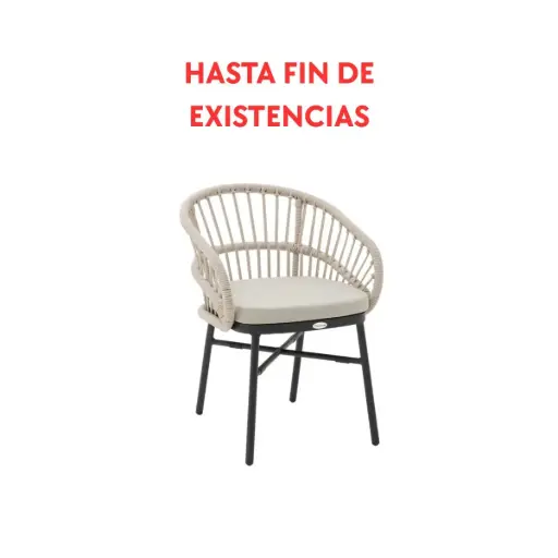 [100102002] Silla con brazos Milton aluminio negro y cuerda taupe cojín de asiento beige.