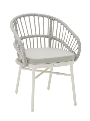 [100102003] Chaise à accoudoirs Milton en aluminium blanc « bone », avec cordage et coussin d'assise gris clair.