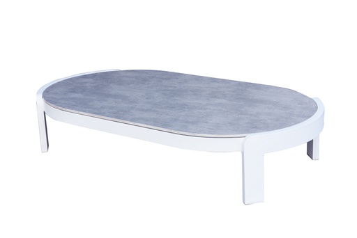 [100302003] Mesa de centro Babylon, alumínio branco e tampo de cerâmica cinza com pintas.