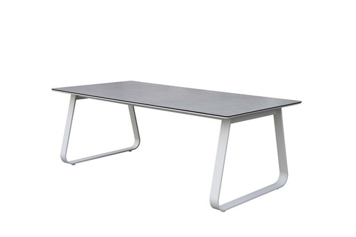 [100301062] Mesa de comedor Babylon 220x100 cm aluminio blanco y cristal cerámico gris medio.