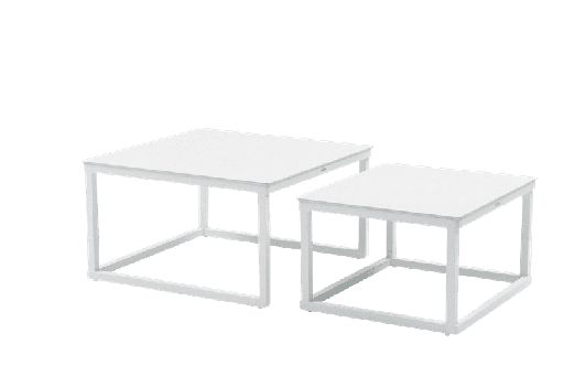 [100302070] Conjunto de mesas de apoio Silai, em alumínio branco com tampo em porcelana bege.