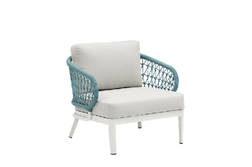 [100201009] Sofá 1 plaza Isabela aluminio blanco textil beige y cuerda aqua