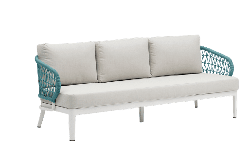 [100202073] 3 seater sofa Isabela white aluminium beige fabric and aqua rope