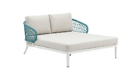 [100502012] Chaise Isabela, alumínio branco, tecido bege e corda azul-turquesa.