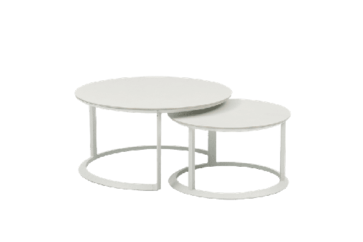 [100302071] Set Isabela white aluminium round side tables with beige ceramic top.