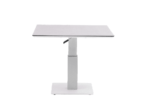 [100301076] Mesa Isabela com tampo elevatório 90x90x50/74, alumínio branco com vidro cerâmico cinza claro.