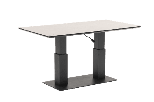 [100301074] Table relevable Isabela 140x75x50/74  en aluminium anthracite avec plateau en verre céramique gris clair.