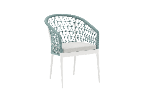 [100101041] Cadeira de jantar Nelayan em alumínio branco, com cordão azul-turquesa e almofada cinzenta clara