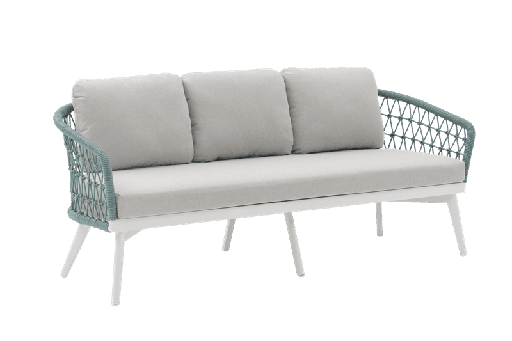 [100202086] Sofá Nelayan de 3 lugares, alumínio branco com corda azul-turquesa.
