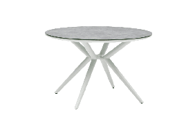 [100301083] Table ronde Orick, Ø 120 cm, en aluminium blanc avec un plateau en céramique gris clair et un plateau en verre.