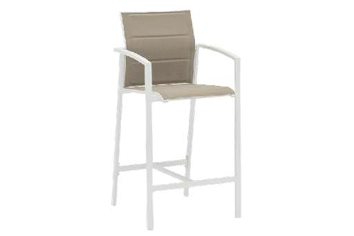[100103005] Tabouret de bar ORICK en aluminium blanc et tissu taupe.