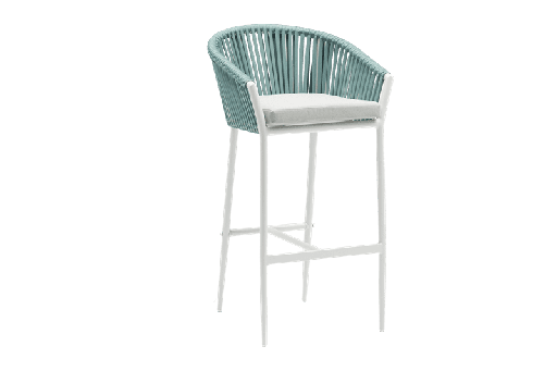[100103007] Fauteuil de bar Ukiah en aluminium blanc avec corde aqua et coussin gris clair