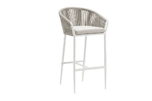 [100103008] Fauteuil de bar Ukiah en aluminium blanc avec corde et coussin grège