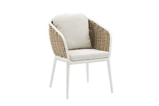 [100102033] Chaise de salle à manger Irvine, aluminium blanc, corde taupe, coussin beige.