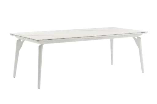 [100301086] Mesa de jantar Irvine, 220x100 cm, em alumínio branco com tampo em porcelana branca.