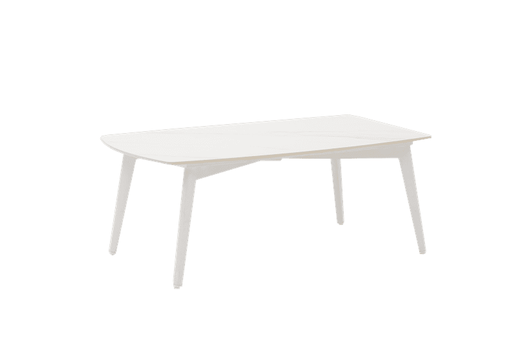 [100301086] Table de salle à manger Irvine, 220x100 cm, en aluminium blanc avec un plateau en porcelaine blanche.