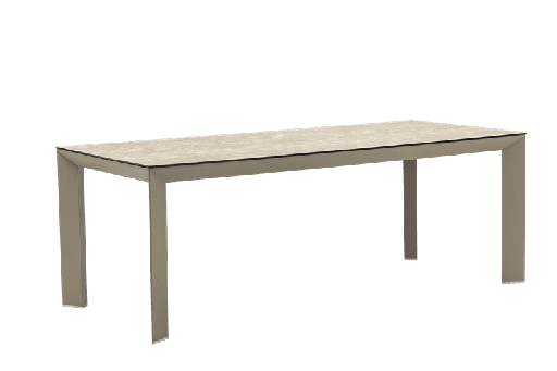 [100301087] Mesa de jantar Orick, 210*90 cm, em alumínio taupe e vidro cerâmico bege.