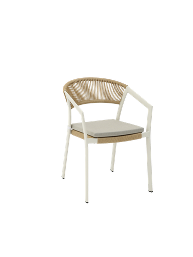 [100102039] Appelton armchair in white aluminum and natural wicker with a light gray seat cushion.