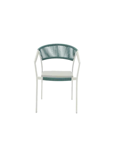 [100102036] Fauteuil à accoudoirs Appelton en aluminium blanc bone  et tressage « aqua », avec coussin d'assise gris clair.
