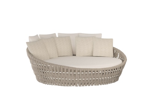 [100502021] Chaise longue Meridian en aluminium blanc, corde beige et tissu beige.