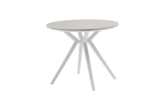 [100301098] Mesa redonda Carson Ø 90 cm em alumínio branco com tampo em porcelana cinza.