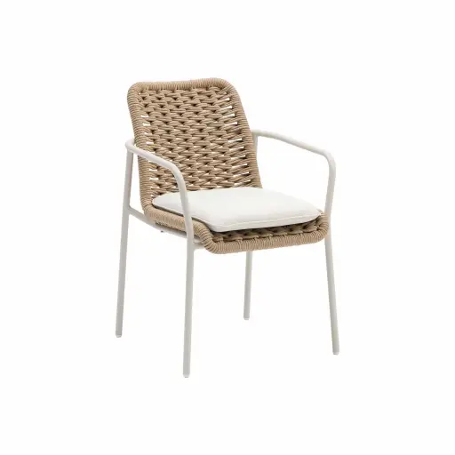 [100102090] Sillon de comedor Zermatt aluminio tapioca, cuerda taupe claro y cojineria beige.