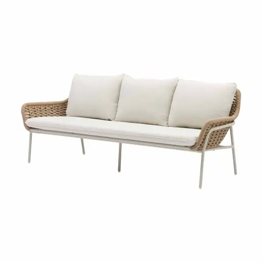 [100202115] Sofa 3 plazas Zermatt aluminio tapioca, cuerda taupe claro y cojineria beige.