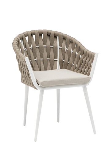[100102017] Fauteuil Meridian en aluminium blanc, corde grège et tissu grège.