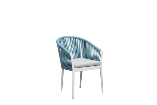 [100102019] Fauteuil Ukiah en aluminium blanc avec corde aqua et coussin gris clair