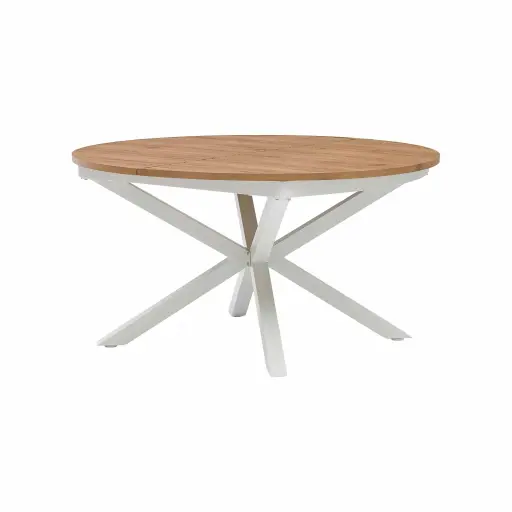 [100301117] Mesa redonda extensible Hanoi Ø140/200cm aluminio blanco y top efecto teca