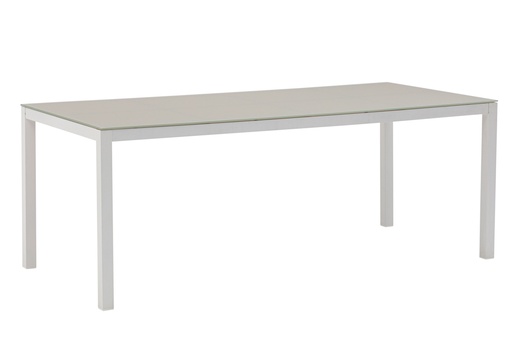 [100301025] Mesa de jantar Adin 200*90 cm em alumínio branco com tampo em vidro cinza claro