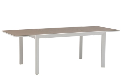 [100301028] Table extensible ORICK 100 x 150/225 cm en aluminium blanc et verre taupe.