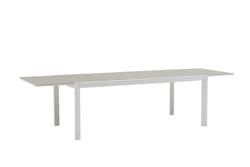 [100301033] Mesa extensível ORICK 100*200/300 cm em alumínio branco e vidro cinza claro.