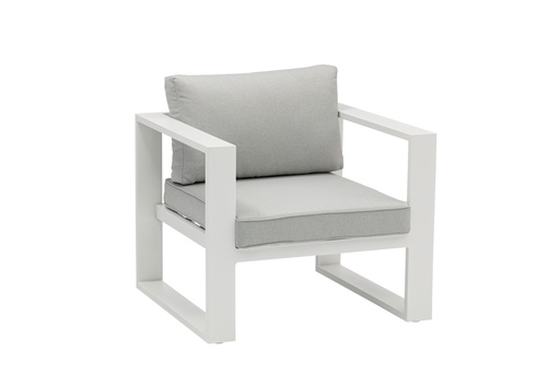 [100202019] Canapé 1 place Niland, structure en aluminium blanc et coussins gris clair.