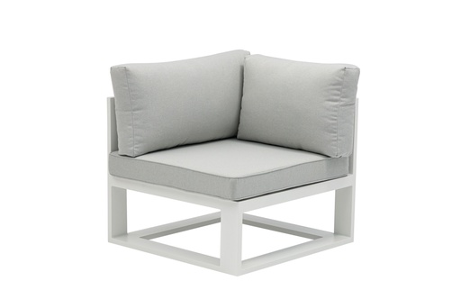 [100202026] Niland corner module in white aluminum with light gray cushions.